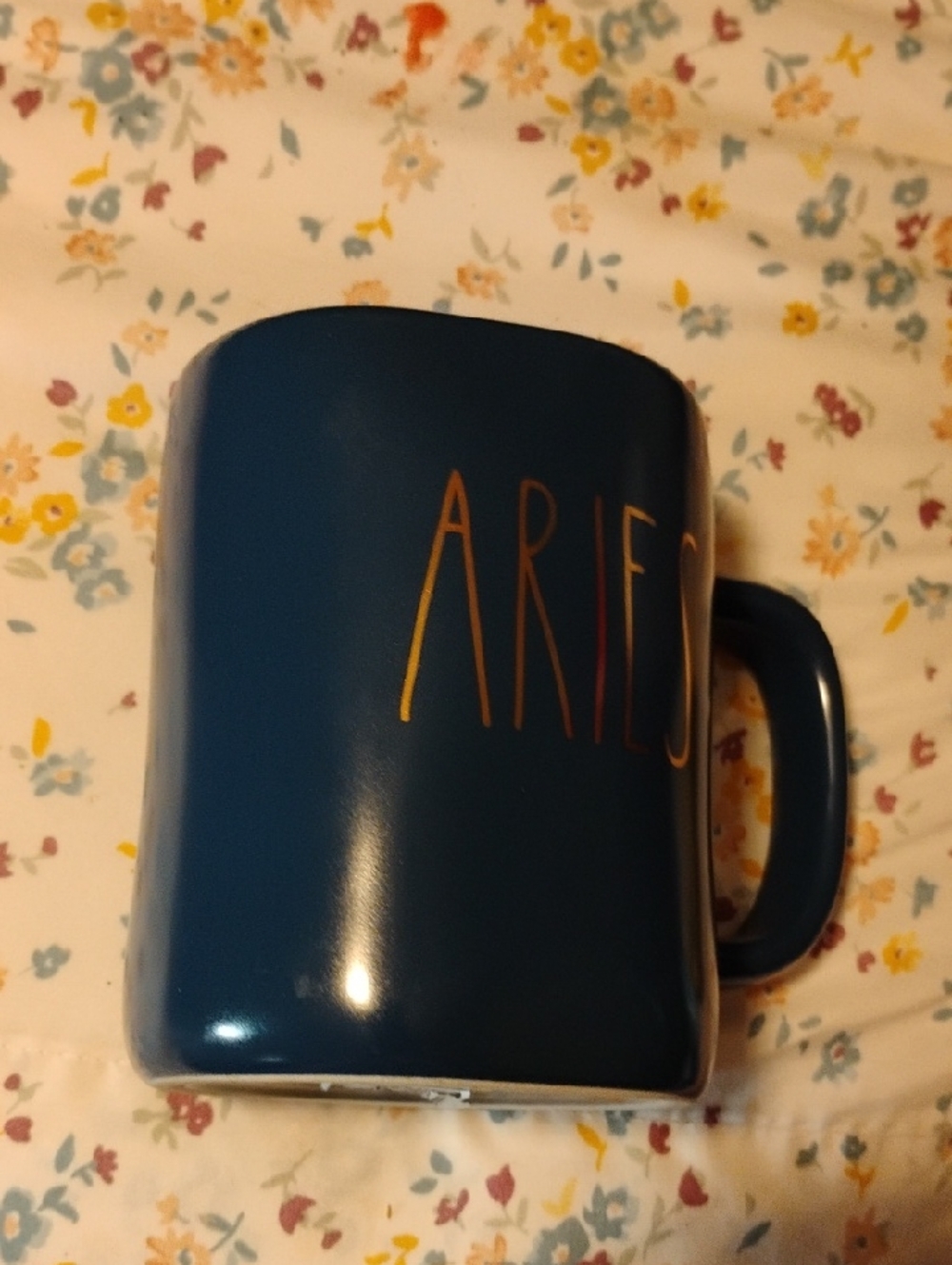 Rae Dunn Deep Teal Ceramic ARIES Mug with Gold Lettering